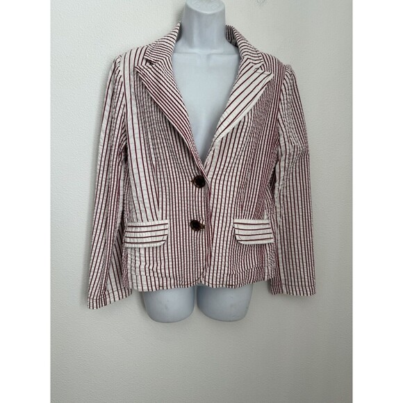 CAbi Blazer Red White Pucker Stripe Nautical Size 10 Button Pockets EUC 4th - Picture 1 of 7